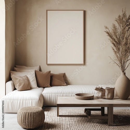 A minimalist living room wall with a blank frame hanging on it.