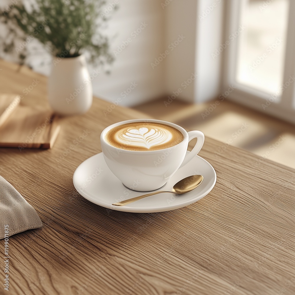 A perfectly styled cappuccino with latte art on a wooden table, natural light A perfectly styled cappuccino with latte art on a wooden table, natural light