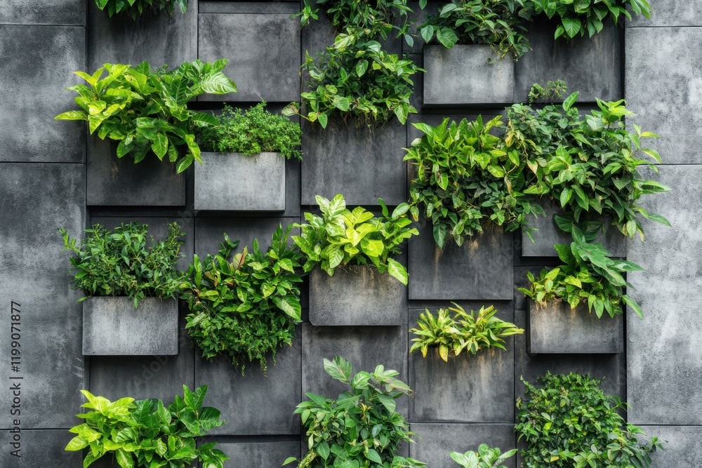 Fototapeta premium Vertical garden planters on a concrete wall urban setting green living space modern design close-up view sustainability concept