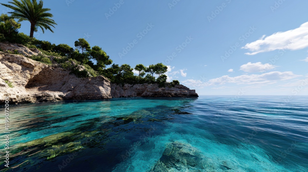 Serene coastal landscape with clear water and rocky shoreline.