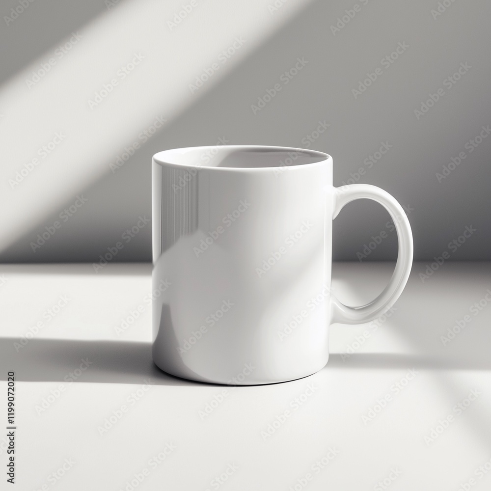 A plain ceramic mug on a white table, perfect for logo placement A plain ceramic mug on a white table, perfect for logo placement