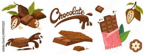 Cocoa and chocolate cartoon set.  Cocoa beans, leaves, raw chocolate chunks, wedges of dessert chocolate, Chocolate text. Organic product. Vector hand draw illustration isolated on white background.