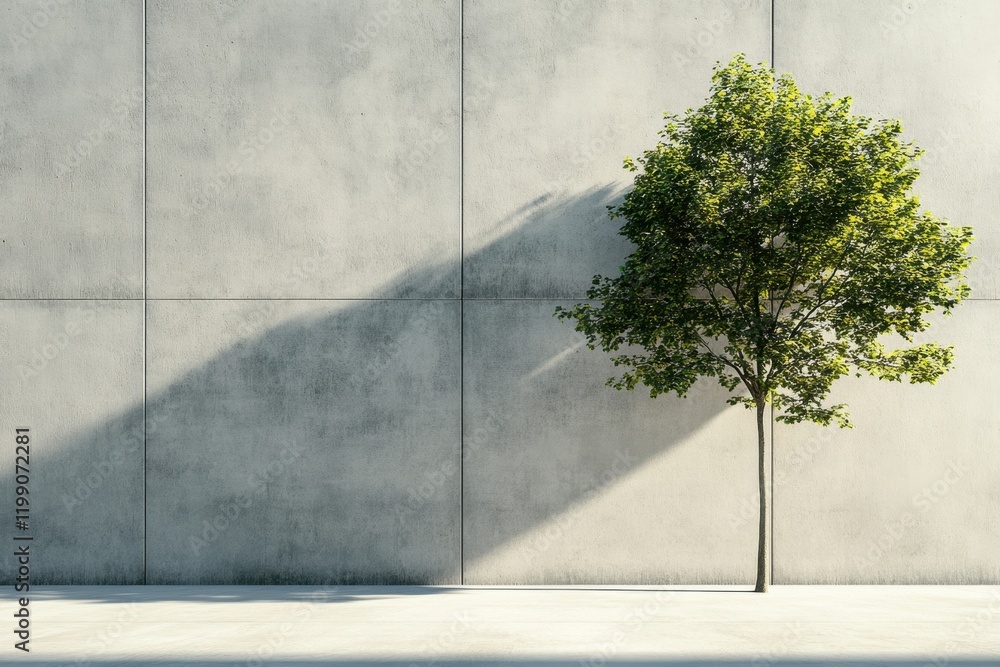 Modern concrete wall with sharp lines and a tree urban environment minimalist design outdoor viewpoint architectural concept Modern concrete wall with sharp lines and a tree urban environment minimalist design outdoor viewpoint architectural concept