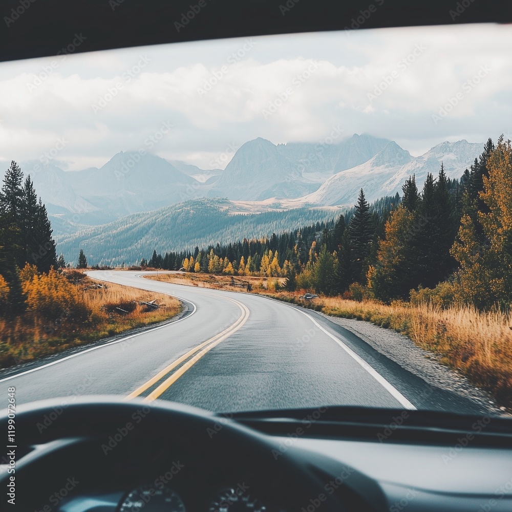 Fototapeta premium A scenic road trip view from a car dashboard, winding roads, and mountains ahead.