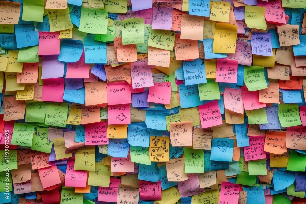 Fototapeta premium Creative wall display of colorful sticky notes featuring handwritten messages office space visual art collaborative environment close-up perspective inspiration and communication