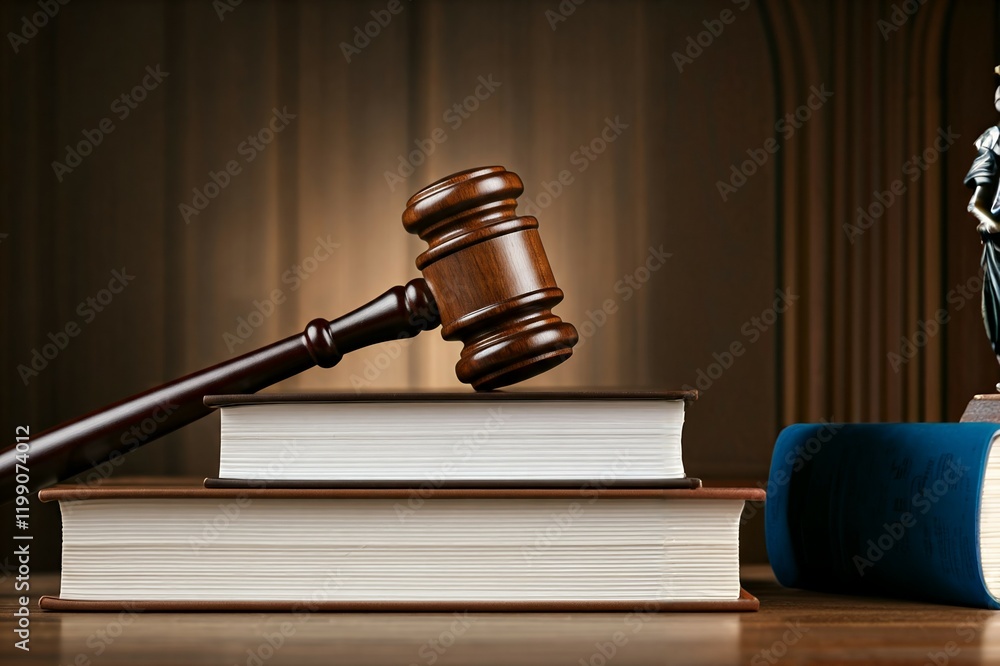 A wooden gavel resting on a stack of books against a dark background, symbolizing law and justice. A wooden gavel resting on a stack of books against a dark background, symbolizing law and justice.