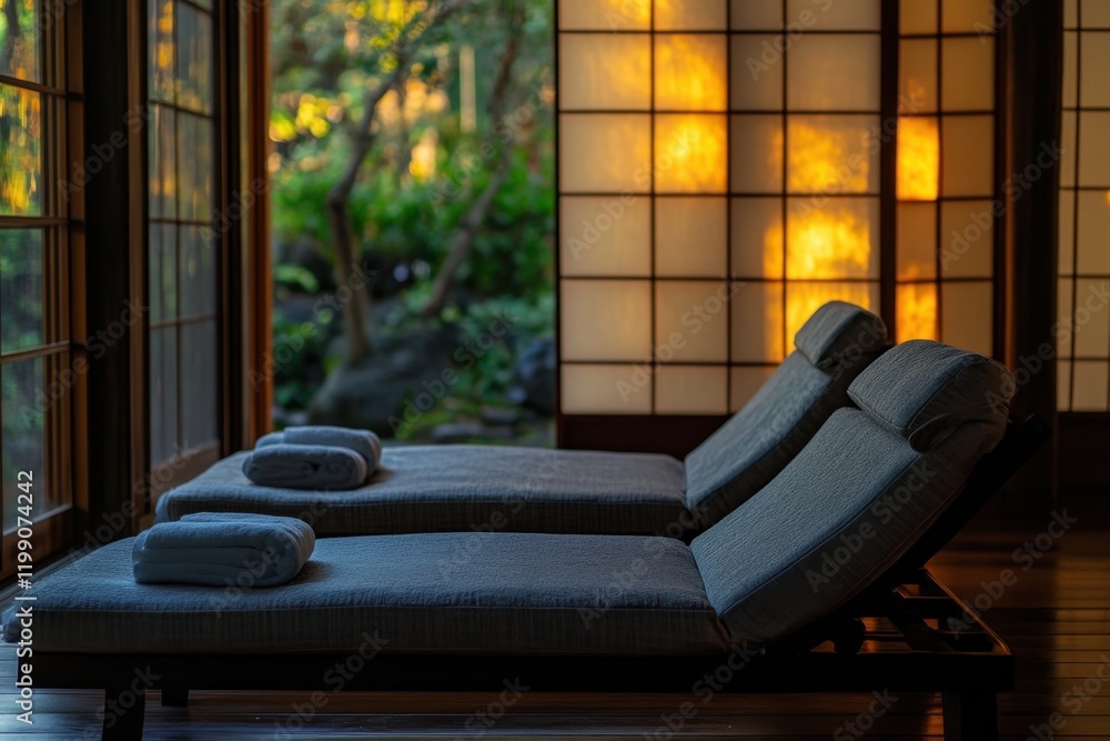 Fototapeta premium Relaxation area in serene spa with loungers overlooking green garden at sunset