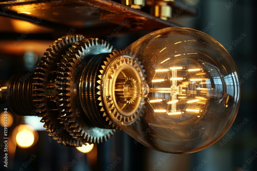 Close up of a steampunk style lamp featuring intricate metal gears and a glowing filament light bulb, creating a warm, industrial ambiance Close up of a steampunk style lamp featuring intricate metal gears and a glowing filament light bulb, creating a warm, industrial ambiance