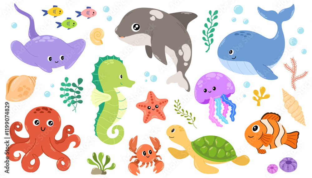 Sea animals. Hand draw sea life elements, shells, corals, seaweed. Kawaii sea life character elements. Marine life cartoon vector illustration isolated on white background Sea animals. Hand draw sea life elements, shells, corals, seaweed. Kawaii sea life character elements. Marine life cartoon vector illustration isolated on white background
