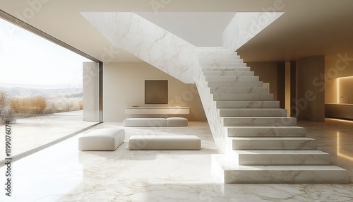 Marble staircase in modern desert villa interior with scenic view photo