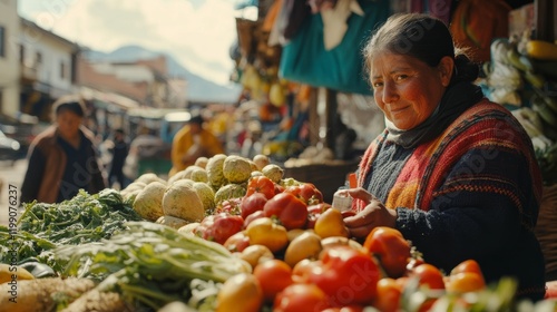 A close-up shot of a bustling marketplace with vibrant fruits and vegetables, photo