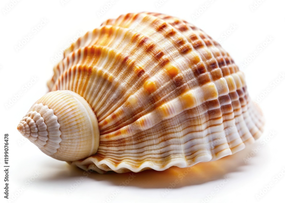 A detailed seashell macro, isolated on white, showcases its coastal texture and ocean life. A detailed seashell macro, isolated on white, showcases its coastal texture and ocean life.