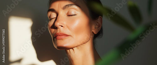 Beautiful mature woman with clean face and aging skin, natural sun light