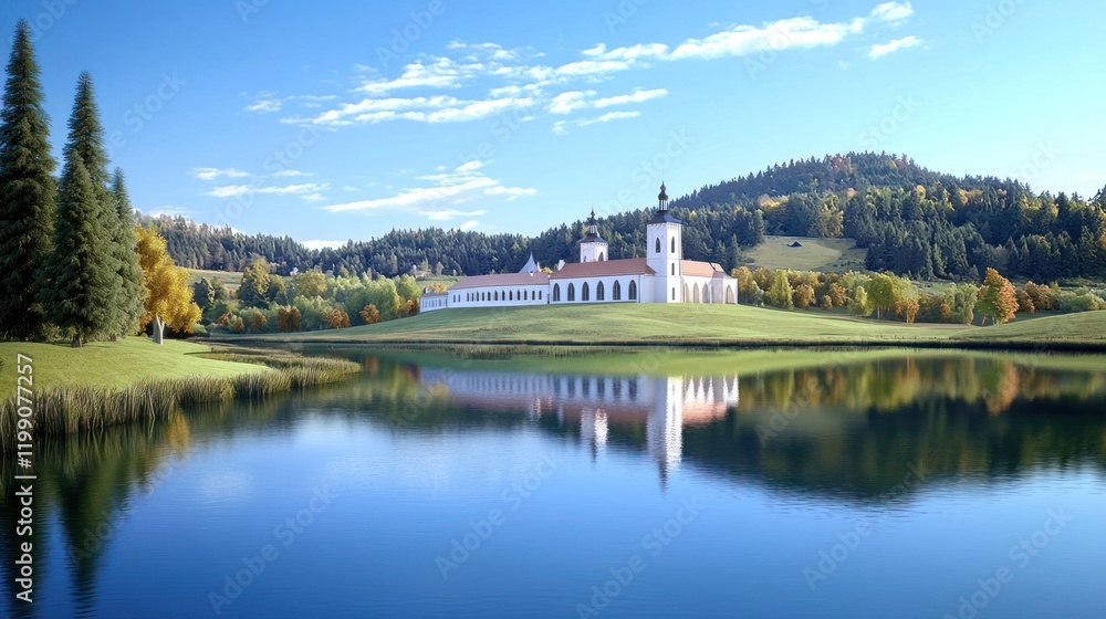 Picturesque Monastery by a Calm Lake Picturesque Monastery by a Calm Lake