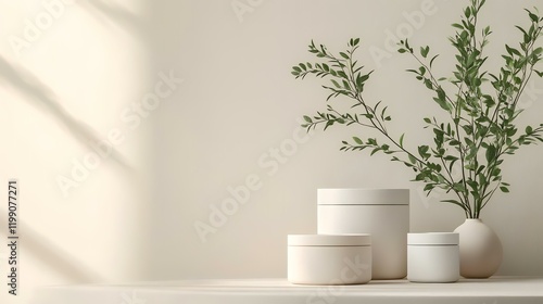 Wallpaper Mural Minimalist cream containers, plant, sunlight, beige background, product display Torontodigital.ca