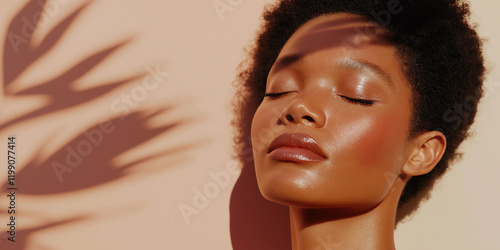 Beautiful black woman with clean face and glowy skin, natural light with leaf shadows