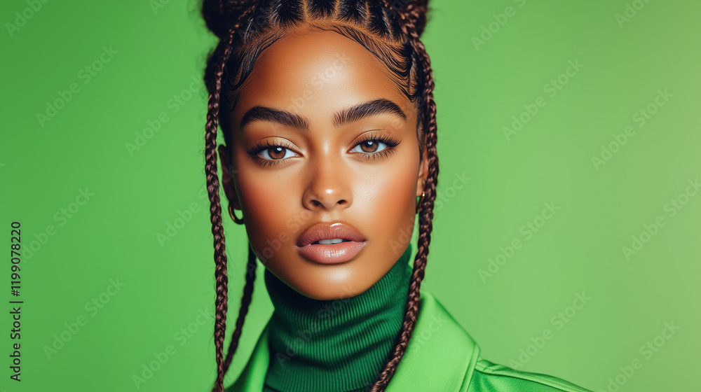 Confident Black Woman with Braids on Green Background Confident Black Woman with Braids on Green Background