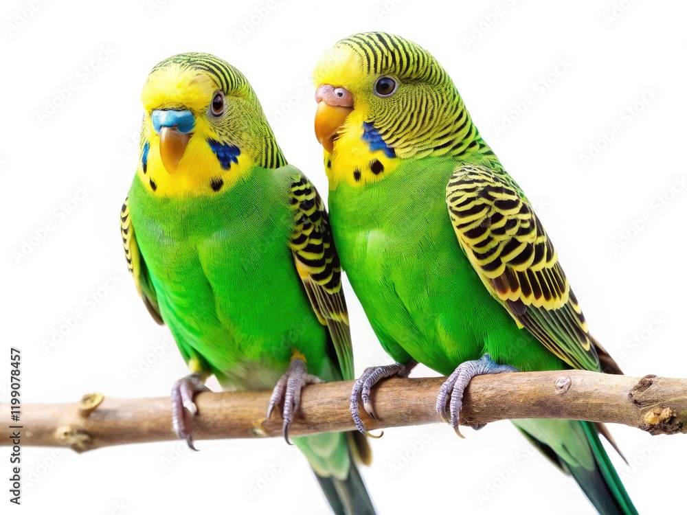Fototapeta premium An aerial view captures a pair of vibrant green budgies perched affectionately on a branch, isolated against a clean background.
