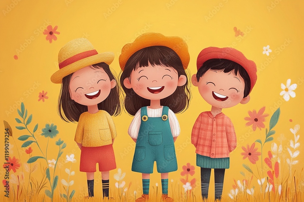 Three cheerful children smiling against a bright yellow background with flowers. Three cheerful children smiling against a bright yellow background with flowers.