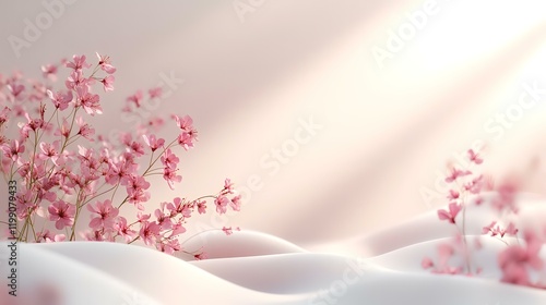 Pink flowers bloom on soft fabric, sunlit scene, serene background, ideal for beauty ads