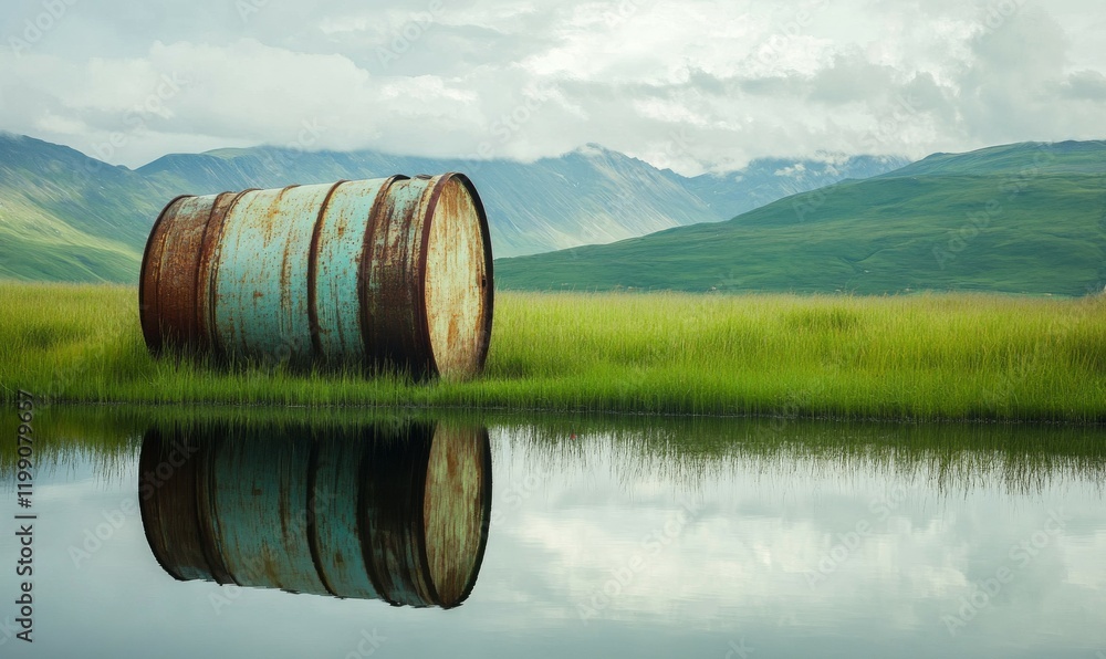 Giant oil barrel in green landscape reflecting in water, serene view Giant oil barrel in green landscape reflecting in water, serene view