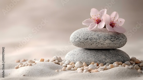 Serene spa stones, blossoms, sand; peaceful zen background; wellness brochure