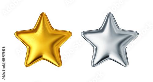 Golden and silver star isolated on white. Clipping path included
