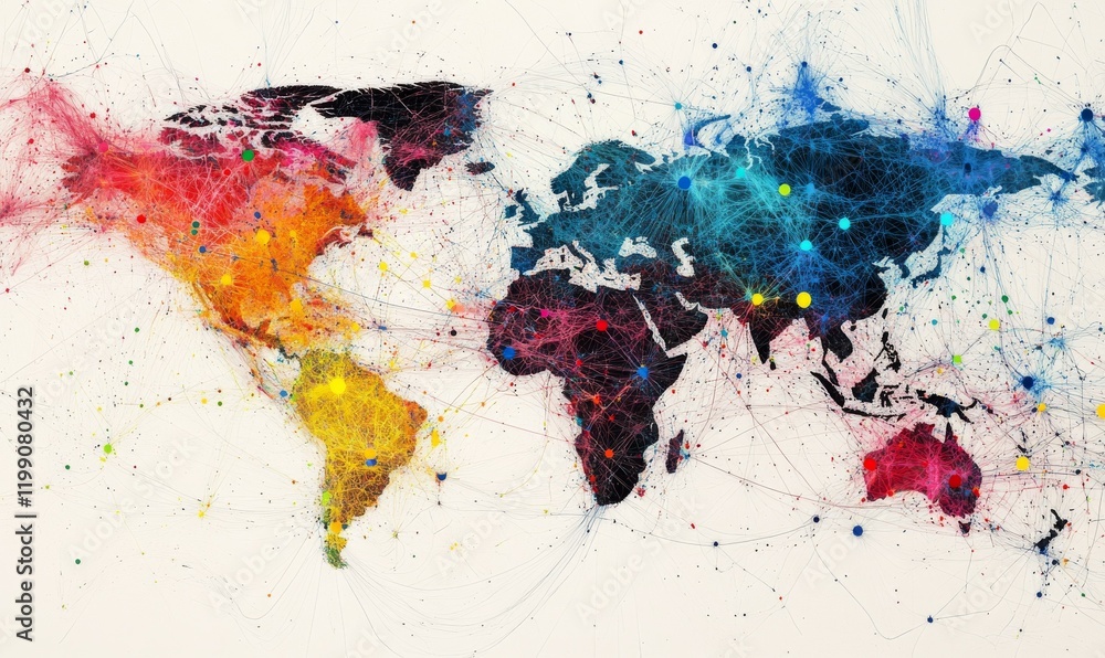 Obraz premium Global Connectivity Celebrating World Population Day with a Digital Network Map Across Continents