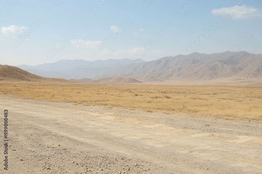 Expansive Desert Landscape Under Clear Sky with Mountain Range in the Distance, Highlighting Rugged Terrain, Dry Grass, and Natural Beauty of Arid Environment Expansive Desert Landscape Under Clear Sky with Mountain Range in the Distance, Highlighting Rugged Terrain, Dry Grass, and Natural Beauty of Arid Environment