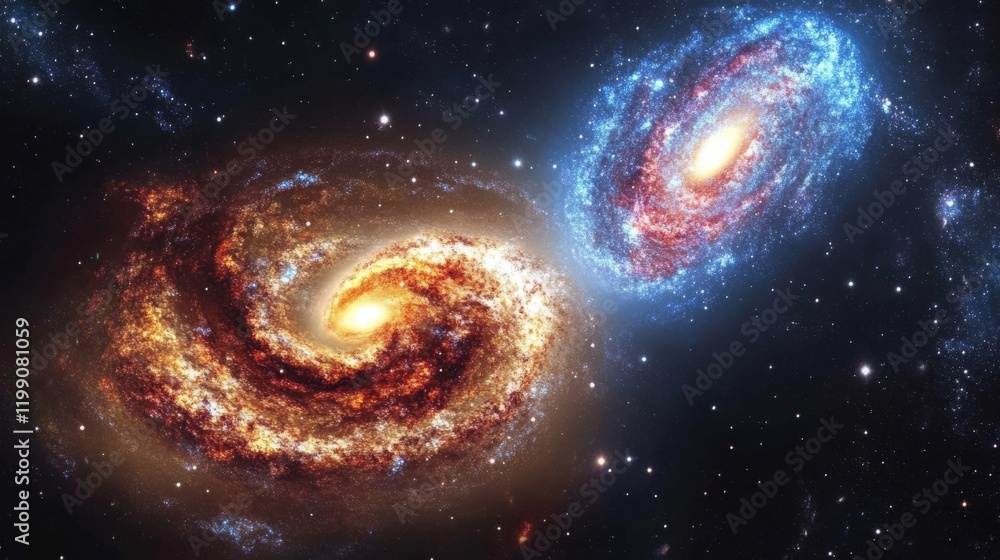 Fototapeta premium Exploration of Stunning Spiral Galaxies in Intergalactic Space: A Journey into the Cosmic Wonders of the Universe