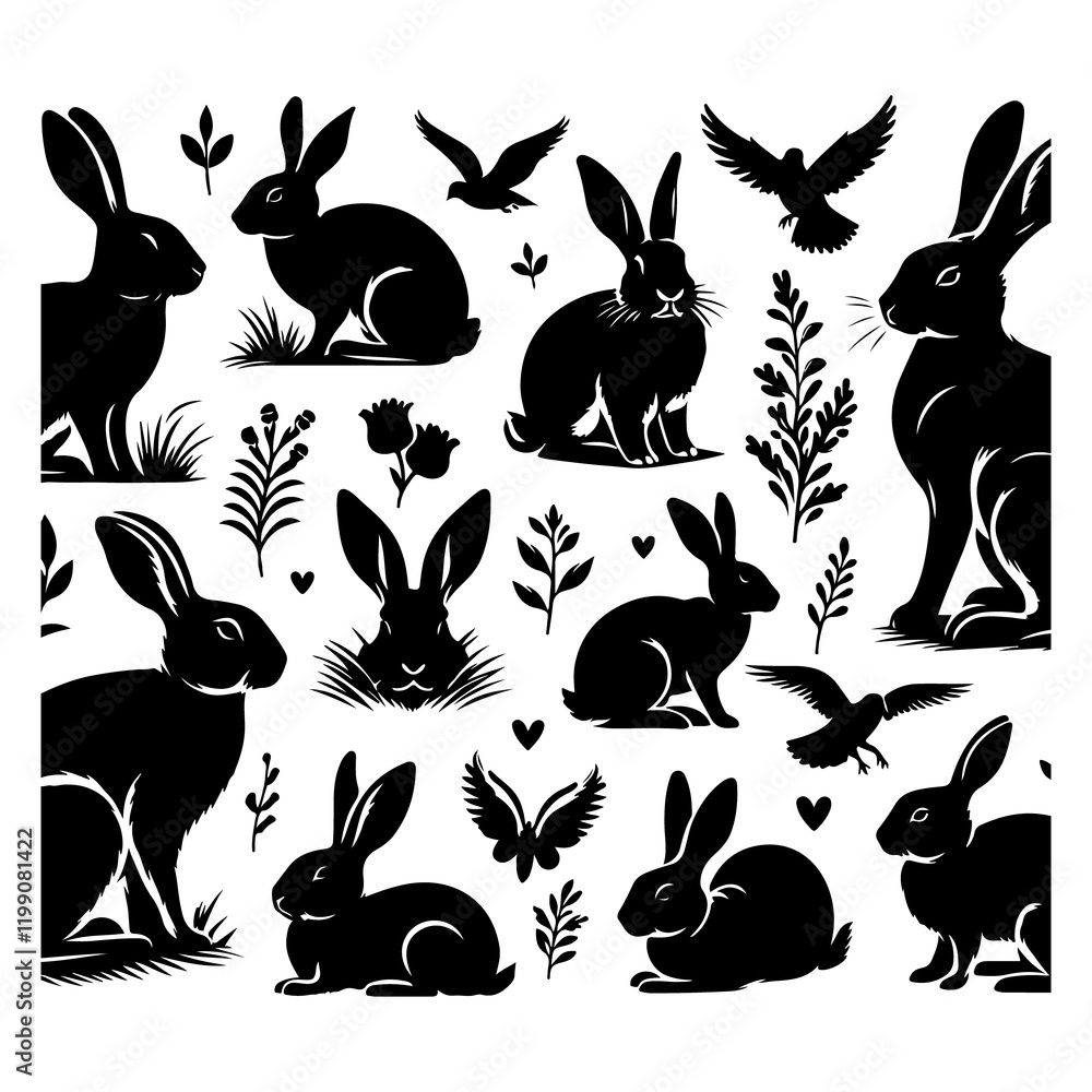 Obraz premium Vector silhouette of collection of rabbit on white background. Symbol of forest animal and hare