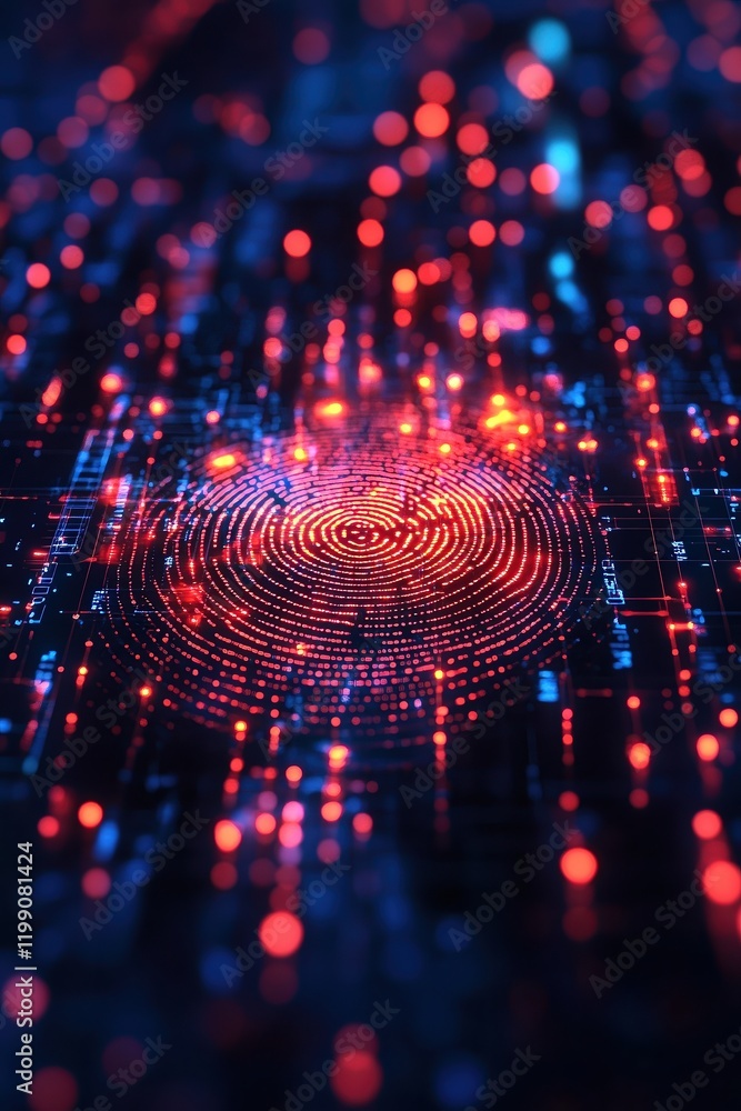 Vibrant fingerprint glowing in digital matrix of red and blue lights, symbolizing cybersecurity, identity, and innovation. Bright, futuristic visualization of personal data protection. Vibrant fingerprint glowing in digital matrix of red and blue lights, symbolizing cybersecurity, identity, and innovation. Bright, futuristic visualization of personal data protection.