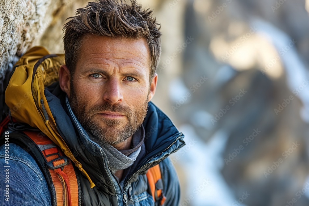 A rugged man with a backpack poses in a mountainous outdoor setting, showcasing adventure spirit. A rugged man with a backpack poses in a mountainous outdoor setting, showcasing adventure spirit.