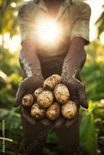  Farmer holding freshly dug cassava tubers with muddy hands, standing proudly in a lush green field, representing agriculture, hard work, and sustainability. photo