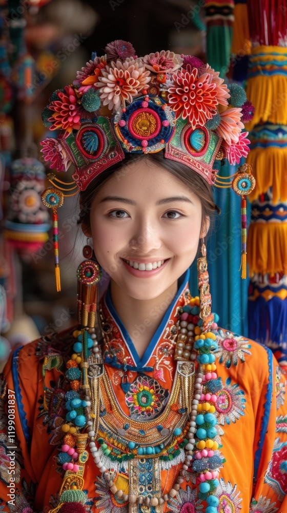 Fototapeta premium Woman wearing a colorful headdress and a colorful necklace