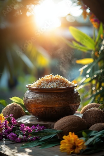  Decorative Pongal pot overflowing with sweet rice, surrounded by sugarcane, coconuts, and flowers on a wooden platform, representing traditional harvest celebrations in Tamil Nadu.