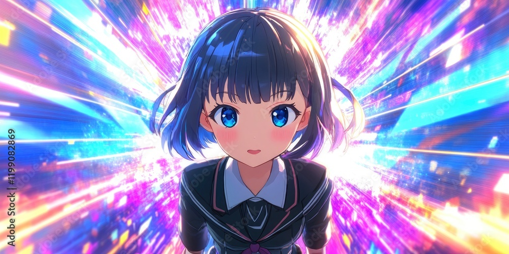 A girl with short purple hair and blue eyes, wearing a school uniform, stands in the center of a background with colorful rays and a glitch. A girl with short purple hair and blue eyes, wearing a school uniform, stands in the center of a background with colorful rays and a glitch.