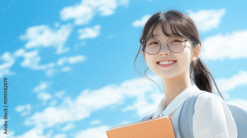 Obraz premium Korean teenage student girl holding textbook go to school library