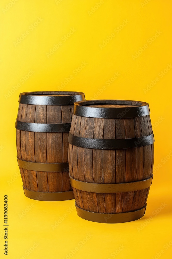 Dark wooden beer barrels on a yellow background with copy space Dark wooden beer barrels on a yellow background with copy space