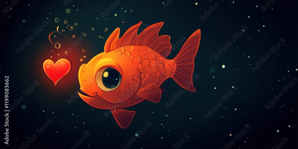 A cute anglerfish with a glowing heart on a dark background, a glowing red color scheme. A cute anglerfish with a glowing heart on a dark background, a glowing red color scheme.