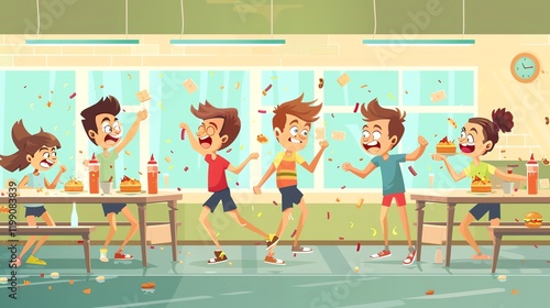 A cartoon illustration of a group of kids having a food fight in a cafeteria.