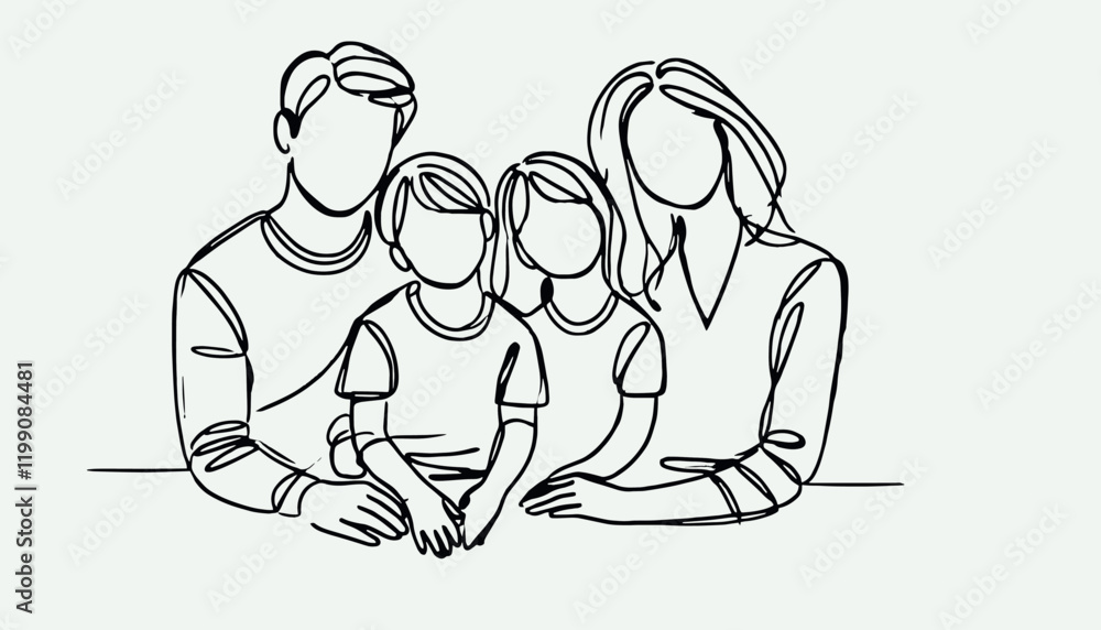 Vector Simple one line drawing of happy family man and woman and childrens Vector Simple one line drawing of happy family man and woman and childrens