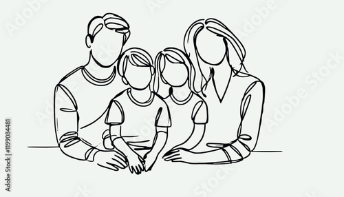 Vector Simple one line drawing  of happy family man and woman and childrens 