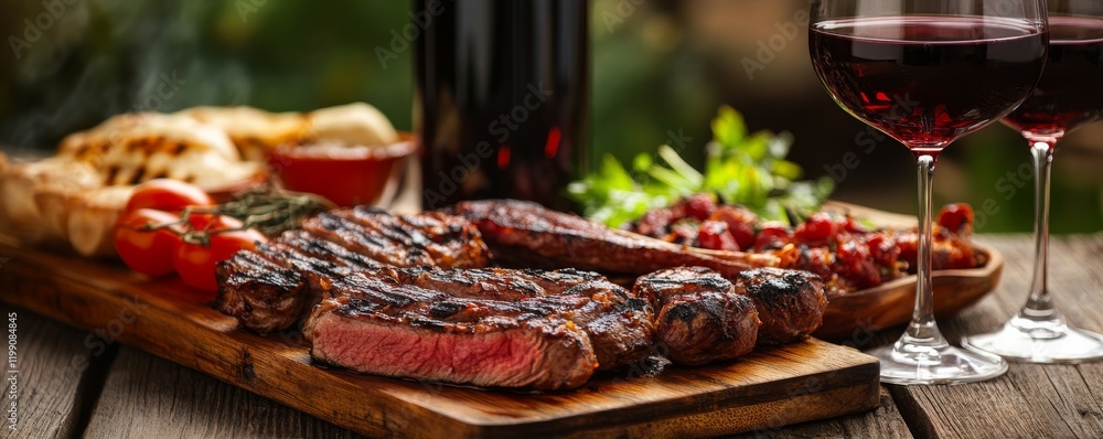 Gourmet dinner spread with grilled meats and red wine on rustic wooden table. Gourmet dinner spread with grilled meats and red wine on rustic wooden table.