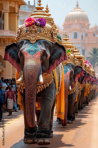 Vibrant Mysore Dasara procession featuring decorated elephants, with the lead elephant majestically carrying a golden howdah (ambari), highlighting cultural heritage and festive grandeur.