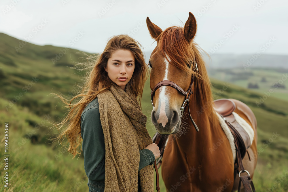 Obraz premium Young Caucasian woman with long blonde hair standing beside brown horse in green hills, wearing scarf and sweater, outdoor equestrian portrait in moody weather