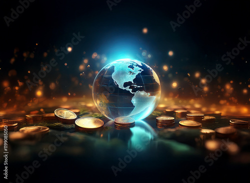 A glowing glass Earth rests on a bed of gold coins, surrounded by sparkling particles, suggesting global finance and prosperity.