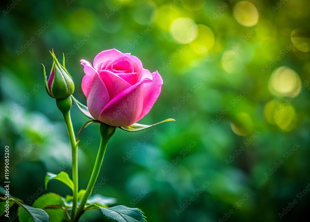 Pink Rose Bud Closeup, Unopened Flower on Lush Green Background - Stock Photo Pink Rose Bud Closeup, Unopened Flower on Lush Green Background - Stock Photo