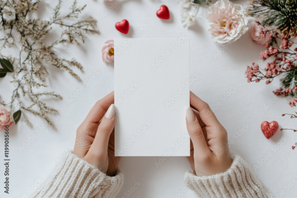 Obraz premium Holding a blank card among decorative flowers and hearts