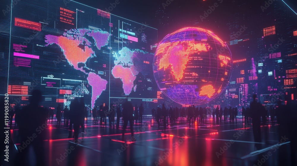 Obraz premium A futuristic scene featuring a glowing digital globe and abstract world map, surrounded by people and vibrant neon lights.